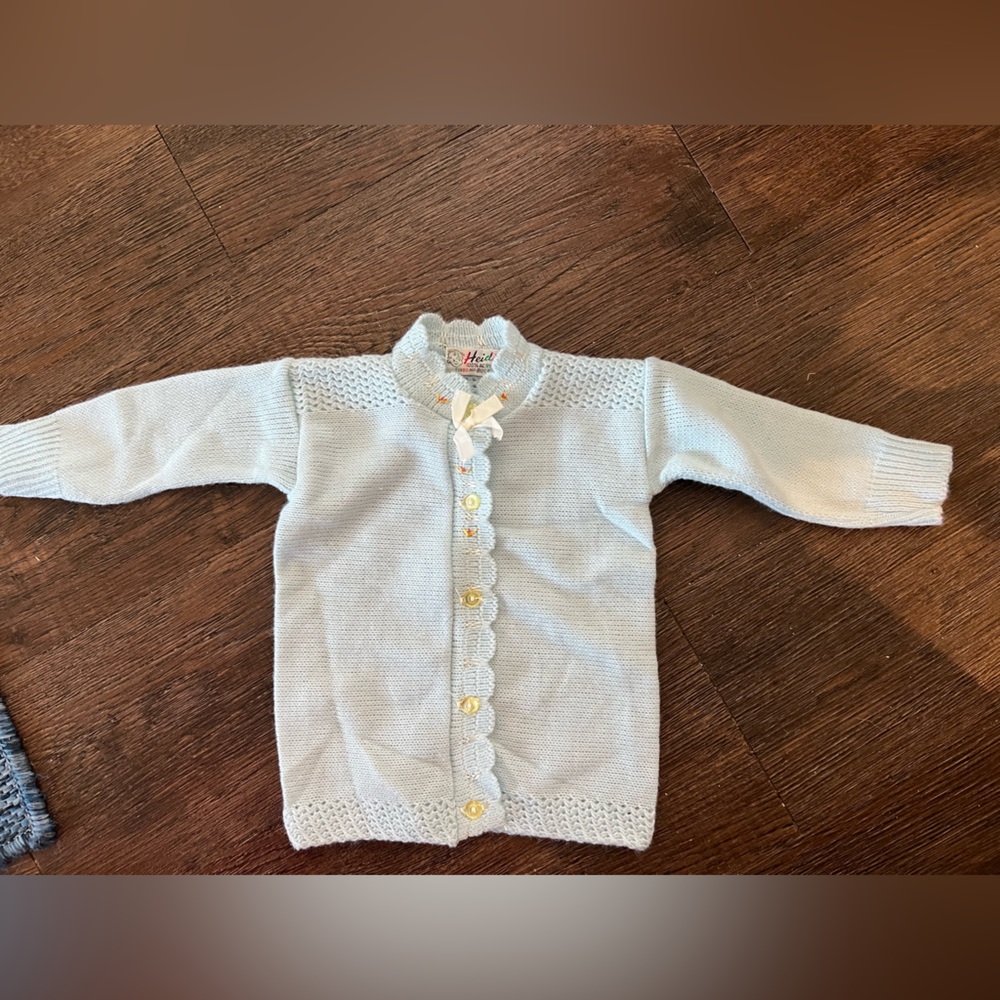 Baby blue infant Heidi vintage 100% acrylic sweater cardigan.